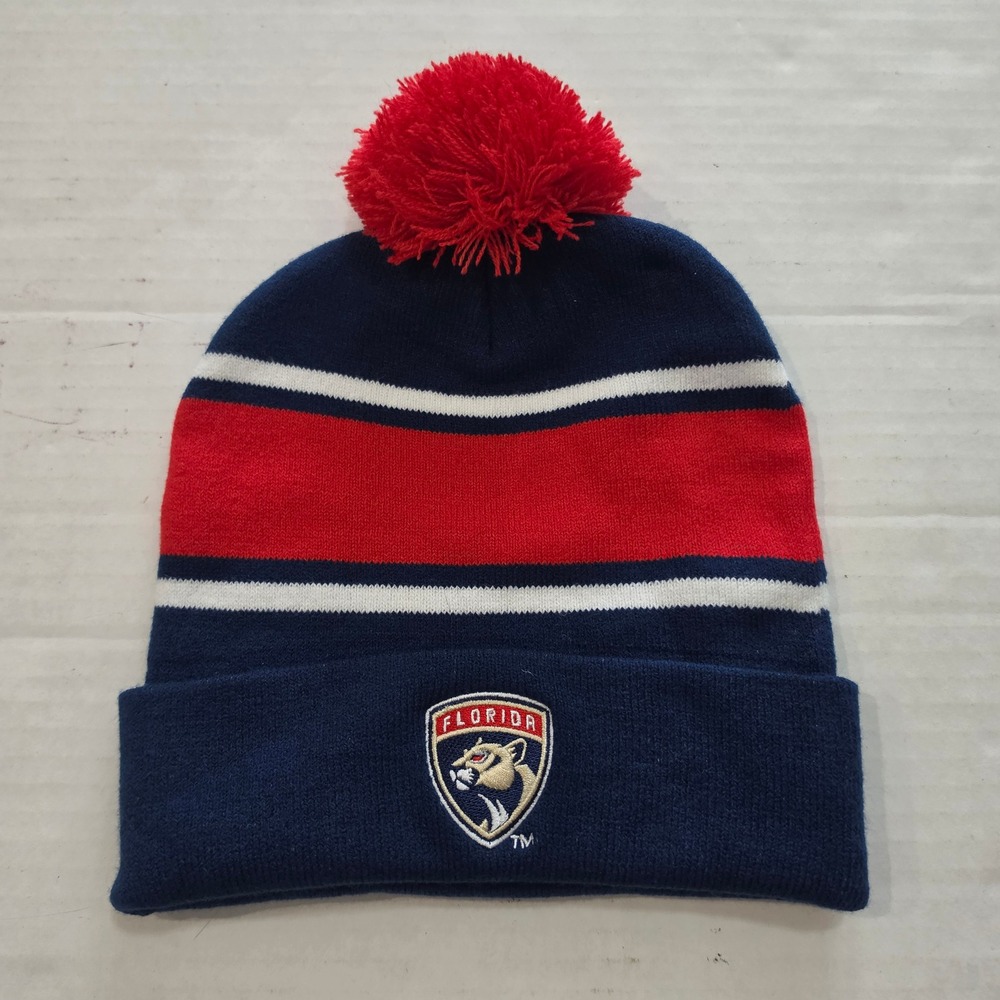 Florida Panthers NHL BMW Beanie Hat Navy Blue Red Striped Pom Cuffed SGA